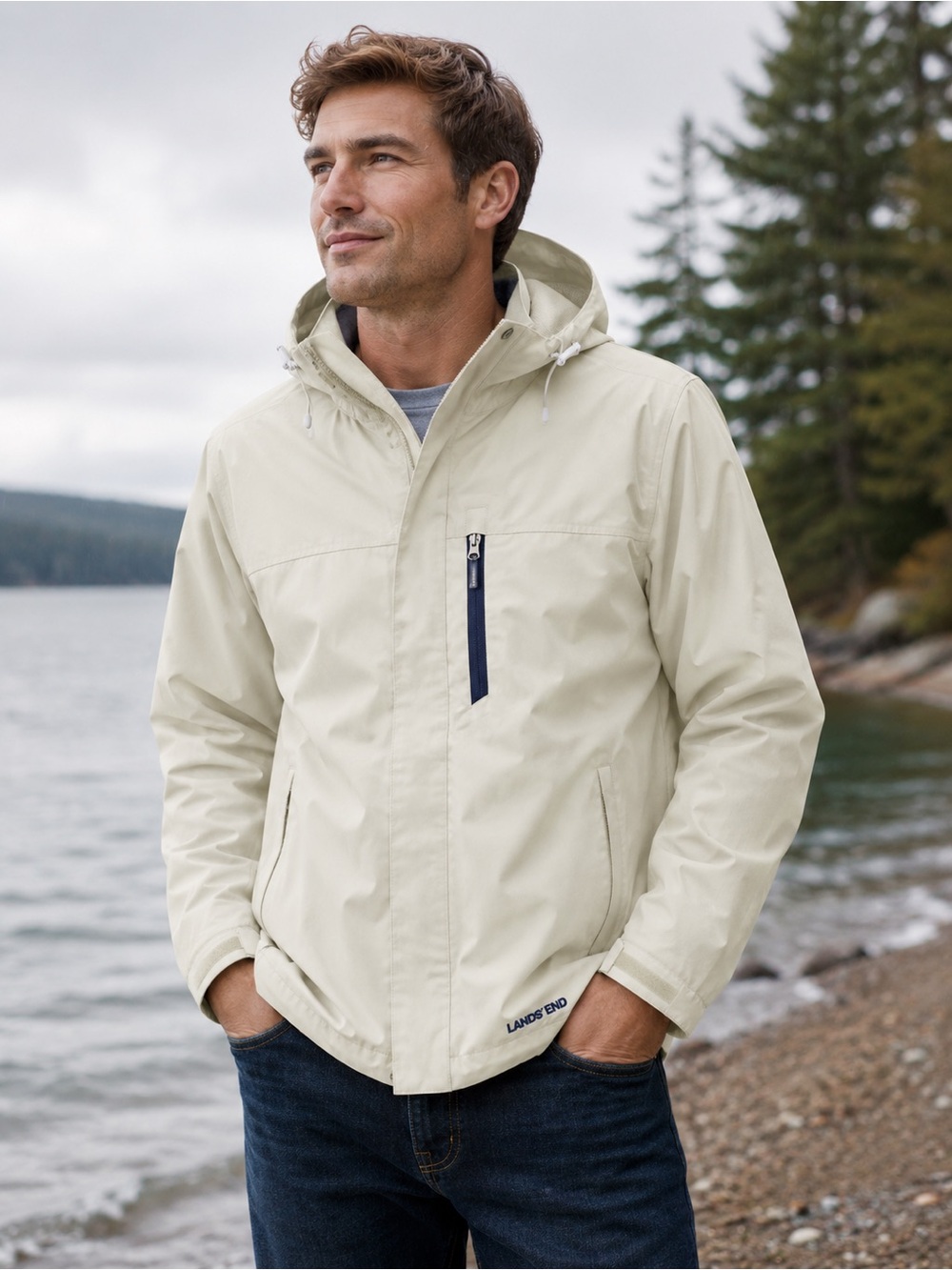 🌧️ Lands’ End Men’s Rain Jacket | White/Navy | Size XL